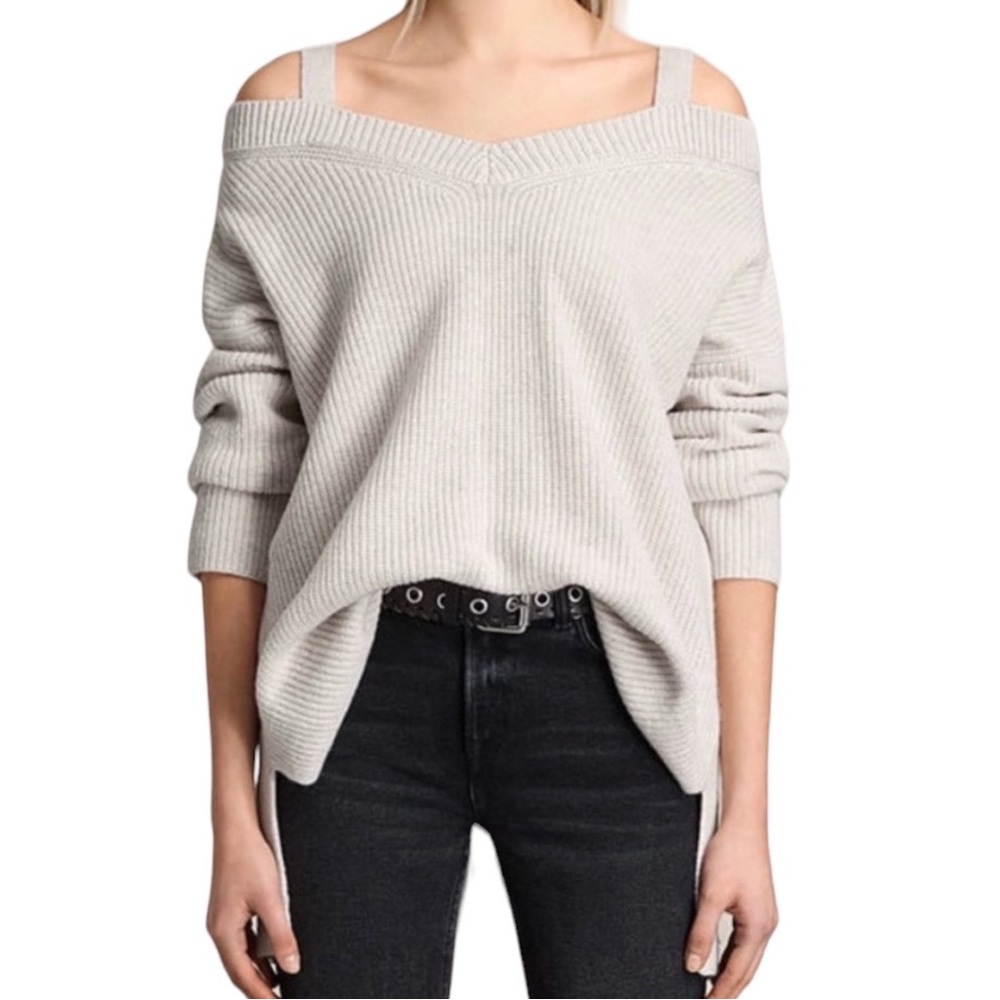 All Saints Dasha V Neck Cold Shoulder Cashmere Wool Blend Sweater Off White XS - Picture 3 of 8